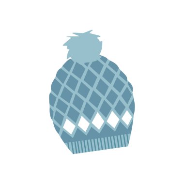 Pufom ve elmas desenli örülmüş mavi yün şapka, soğuk sezon vektör çizimi için aksesuar.