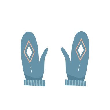 Knitted blue mittens with diamond white pattern, woolen handwear vector illustration clipart