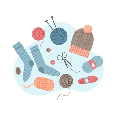 Örgü örme el işi. Örgü şapka, çorap, iğne ve yün iplik topu çizimi.