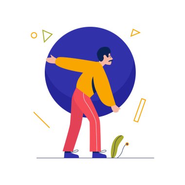 Geometrik figür tutan adam, mavi yuvarlak şekil vektör çizimi taşıyan küçük erkek karakter.