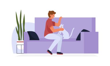 Oturma odasındaki kanepede oturan adam kedi, erkek karakter ve kedi yavrusuyla birlikte vektör illüstrasyonunda birlikte vakit geçiriyor.