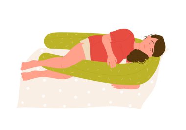 Rahat bir yatakta uyuyan hamile bir kadın, rahat bir yastık vektörü çiziminde yatıyor.
