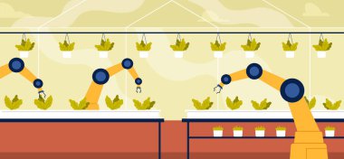 Akıllı çiftlik serasında tarım bitkilerinde otomasyon. Otomatik robotik kollar, yenilikçi hidrofonik teknoloji karikatür vektör çizimi kullanarak yeşil organik tarım santralleri oluşturur.