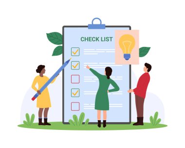 Kene, anket ve görev listesi dolgulu kontrol listesi anket formu. Kağıt belgeye pano karikatür vektör ilülasyonu üzerine işaret yazmak için elinde kalem ve ampul tutan küçük insanlar