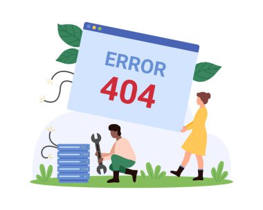 Hata 404, sayfa bildirimi bulunamadı. Sunucu ve kırık kablolar çizim çizimi için kayıp ağ bağlantısını onarmak için açık uyarı mesajı ve teknik destek aracı tutan küçük insanlar