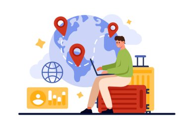 Yurtdışında iş ve kariyer, Küresel adam toplama ve dağıtım programı. Dizüstü bilgisayarda çalışan ufak tefek bir adam, dünyanın yakınındaki bavullarda oturuyor ve uluslararası harita çizim çizimi üzerinde yer değiştirme iğneleri var.