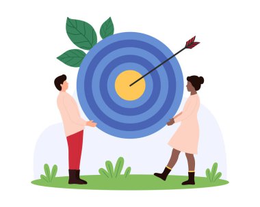 İş başarısı, hedefe ulaşmadaki doğruluk, hedefe ulaşmak için başarı takım çalışması. Ufacık insanlar mücadeleyi kazanıyor, elinde okla kocaman bir dart tahtası tutuyor ve çizgi film çizimleri çiziyor.