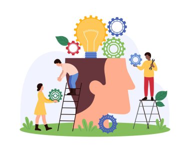 Beyin fırtınası ve yaratıcı düşünme süreci, hayal gücü ve eğitim için ilham, makine öğrenmesi. Ufacık insanlar açık kafa çizgi film çizimi çizimleri içinde dişliler ve ayarlarla çalışırlar.