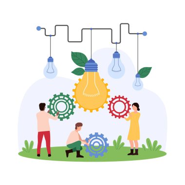 Ticari ürün geliştirme, proje yönetimi ve üretkenlik stratejisi geliştirme için takım çalışması. Küçük insanlar parlak asılı ampullere dişli ekliyor. Kaliteli çizgi film çizimi çizimleri üzerinde düşünün.