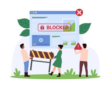 Web sitesi engellendiğinde uyarı mesajı, siber suç, hacker saldırısı, sansür veya fidye yazılımı. Çizgi film vektör illüstrasyonunu uyarmak için inşaat bariyeri ve ünlem işareti tutan küçük insanlar.