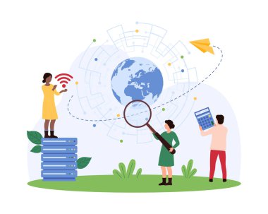 Sosyal medya ve e-posta, küresel abonelik hizmeti, WWW internet sitelerinde arama. Küçük insanlar, Dünya 'nın etrafında uçan kağıt uçağın yörüngesindeki büyüteç camından bakıyorlar.