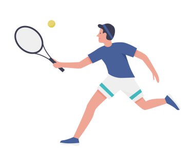 Sahada tenis oynayan adam, aktif erkek oyuncu top vektör illüstrasyonunun peşinde koşuyor