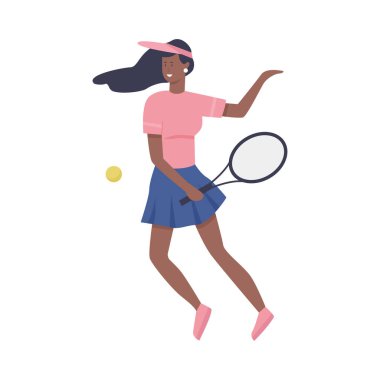 Tenis oynamak için raketle zıplayan kadın, topa vuran kadın oyuncu illüstrasyon