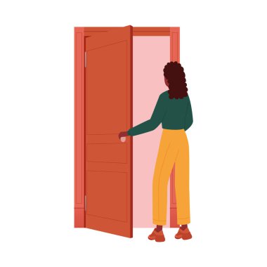 Kırmızı kapıyı açan ve sapını tutan genç bir kadın, dikiz vektörü çizimi