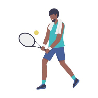 Tenis oynayan adam, sakallı genç erkek karakter raket vektör illüstrasyonuyla topa vuruyor