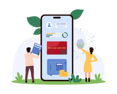 Parmak izi doğrulaması ve banka mobil uygulamasındaki güvenli banka hesabına erişim. Küçük insanlar, akıllı telefon ekranı çizimi için kredi kartı, finansal veri ve para kutusuyla çalışırlar.