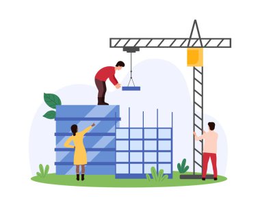 Şehir mimarisinin gelişimi, inşaat projeleri. Minik insanlar ve inşaat vinci inşaatı, beton ve çelik karikatür çizimleri ile tamamlanmamış modern gökdelen üzerinde çalışmak.