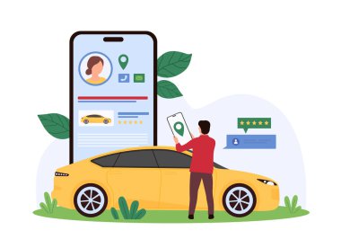Mobil uygulamalı kiralık araba. Minik adam şehir gezisi için motorlu araç ya da şoför ayarlıyor, akıllı telefon ekranında online iletişim karikatürü çizimi için araba sahibi profili