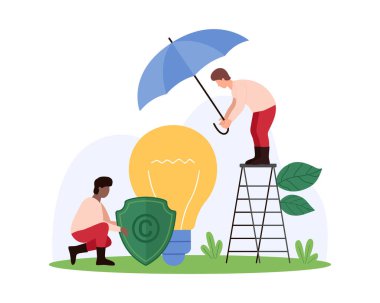 Fikir mülkiyetinin ve telif haklarının korunması. Şemsiye ve kalkanı olan küçük insanlar, büyük parlak ampulün yanında yazar haklarını, marka ve patent çizgi film çizimi çizimlerini korumak için