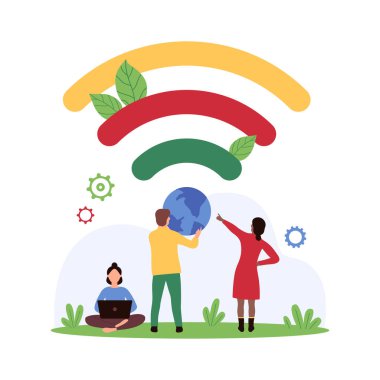 Kablosuz internet bağlantısı, yüksek hızlı sinyalli ücretsiz sıcak nokta bölgeleri. Akıllı telefon ve dizüstü bilgisayar vektör çizimine bağlanmak için Wi-Fi işareti altında şekillendirilmiş Dünya küresini tutan küçük insanlar