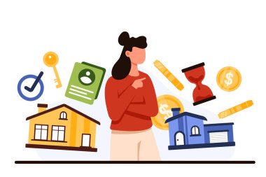 Mülk satın alma veya kiralama seçeneklerinin karşılaştırılması, büyük ya da küçük evlere yatırım seçimi. Kadın para biriktirmeyi düşünüyor, uygun fiyatlı ev büyüklüğünde vektör çizimi seçin