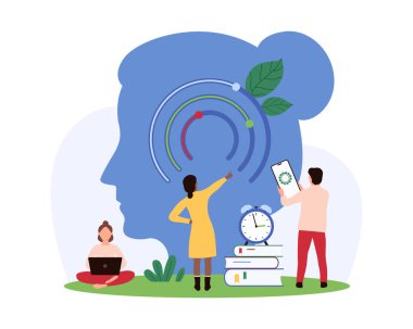 İş adaptasyonu, yumuşak beceri ve çalışanların stratejisi. Küçük insanlar insan kafasının içindeki çemberi kontrol eder. Kişiyi değişikliklere ve başarılı dönüşüm vektör illüstrasyonuna adapte etmek için.