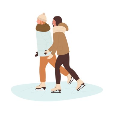 Buz pateni pistinde çift, kadın ve erkek vektör illüstrasyonu için kış tatili