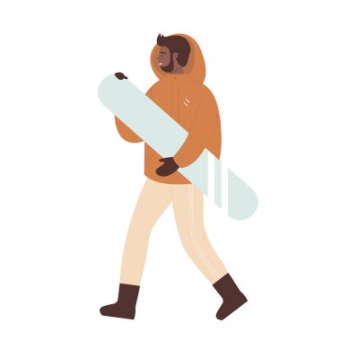 Kışlık ceketli mutlu bir adam vektör çizimine binmek için snowboard yapıyor.