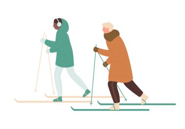 Sıcak kışlık ceketli mutlu çift kayak yapıyor, kadın ve erkeğin boş vakitleri var.