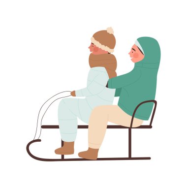 Sıcak kış ceketli mutlu çocuklar vektör illüstrasyonuna birlikte binmek için kızakta oturuyorlar.