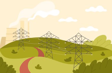 Elektrik kabloları, yüksek voltaj kabloları ve iletim kuleleri vektör illüstrasyonlu köy yeşil manzarası
