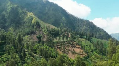Dağların manzarası bulutlu gökyüzü ile doğa. Tarım alanları görünümlü yaz dağları