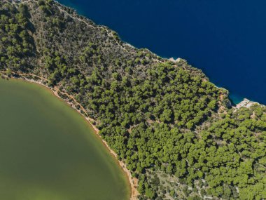 Hırvatistan 'ın Telascica Ulusal Parkı' ndaki Dugi Otok adasındaki deniz ve tuz gölü suları arasındaki kozalaklı ormana yukarıdan doğrudan insansız hava aracı görüntüsü