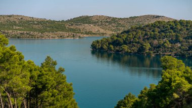 Hırvatistan 'ın Telascica Ulusal Parkı' ndaki tepeler ve kozalaklı ormanlarla kaplı adaların yaz manzarası
