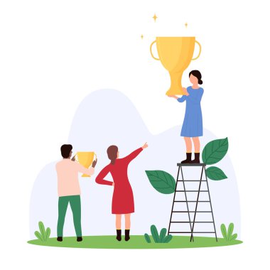 Gol başarısı, kazanan çalışan ya da takım için ödül, başarı. Minik insanlar turnuvada en iyi sonuçlarla altın kupa ödülü kazandılar. Kariyer yarışması ödülünü kadehli vektör illüstrasyonuyla kutladılar.