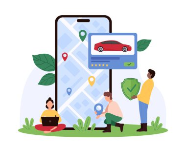 Çevrimiçi araba paylaşımı güvenliği, cep telefonu uygulamasında servis. Şehir yolculuğunu kontrol etmek için kalkan ve konum kodu tutan küçük insanlar, akıllı telefon ekranı çizim çiziminde otomatik aracı arayın