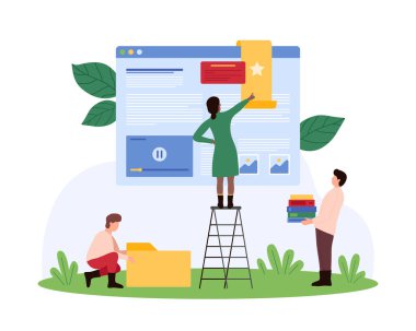 İnternet sayfaları organizasyonu ve yönetimi için web sayfası yer imi tarayıcı penceresinde. Küçük insanlar web sayfasının dijital favori içeriğini çizgi film vektör illüstrasyonunu okumak için yıldız işareti ile kaydeder