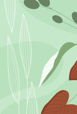 Bitkiler, farklı dokuların yaprakları, şekiller ve doğal renk çizimleri içeren soyut yeşil yapraklı desen