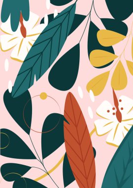 Çiçekler, tropik desendeki yapraklar, tropik vektör illüstrasyonunun egzotik doğası