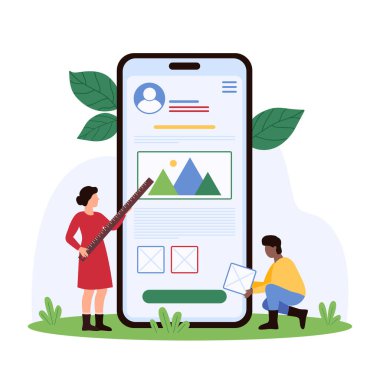 Mobil uygulamalarda web sitesi tasarımı ya da tasarım süreci. Küçük insanlar telefon ekranında kullanıcı arayüzü oluştururlar, UX UI tasarımcıları web sayfası elemanları karikatür vektör illüstrasyonu ile uygulama oluştururlar