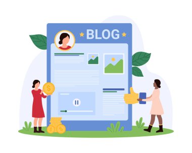 Bloğun para kazanma, parasal kazanç, faydaları ve blog yazarının dijital içeriğinin tanınmasını destekleyin. Yazarların web sitesindeki çizgi film vektör illüstrasyonunda altın sikkeler ve baş parmaklar tutan küçük insanlar