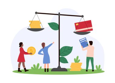 Banka hesabı, nakit para ve mali işlemlerle karşılaştırma. Küçük insanlar kredi kartlarını ve altın sikkeleri ölçekte tartıyorlar, hesap makinesi karikatür vektör illüstrasyonundaki faydaları hesaplıyorlar.