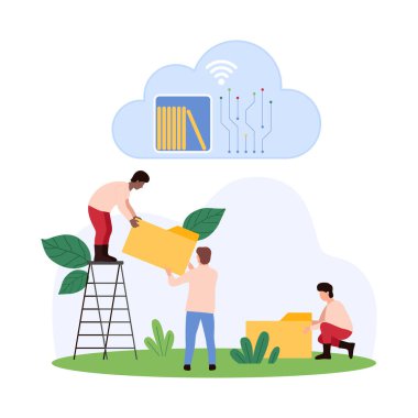 Bulut kütüphane servisi, veri yükleme ve yönetim, transfer ve gizlilik ile paylaşım. Arşiv, yedekleme ve dizini raf karikatür vektör ilülasyonuna indirmek için dijital dizin tutan küçük insanlar