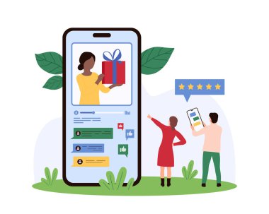 Sosyal medya blogunda ödül, sevk programı ve arkadaşlar için ikramiyeler. Akıllı telefondan blogcu elinde küçük takipçilere çevrimiçi çizgi film çizimi için hediye kutusu tutuyor
