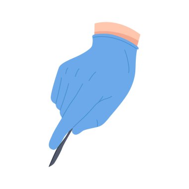 Cerrah eli lateks mavi eldivende, elinde profesyonel keskin neşter vektör çizimi var.