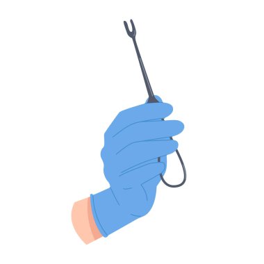 Cerrahlar ellerinde cerrahi alet vektör çizimi olan mavi lastik eldiveni teslim ettiler.