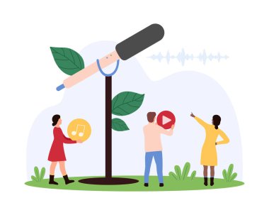 Radyo yayınlarının stüdyo kaydı, ses röportajı ve karaoke, canlı müzik. Büyük mikrofon karikatür çizimi ile ses kaydetmek için simgeleri tutan ve çalan küçük insanlar