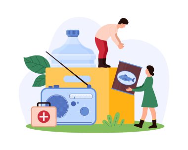 Doğal afetlere hazırlıklılık, ilk yardım çantası koleksiyonu. Küçük insanlar konserve yiyecek ve bir şişe su, ilk yardım kutusu ve gerekli ekipman karikatür vektör çizimleri topluyorlar.
