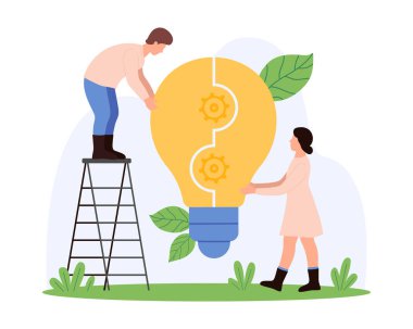 Yaratıcı yenilik projesi üzerine iş ekibi çalışması, kendini işine adamış takım üyelerinin başarı işbirliği. Küçük insanlar yapboz parçalarını büyük parlak ampul şeklindeki çizgi film vektör illüstrasyonuna bağlıyorlar.