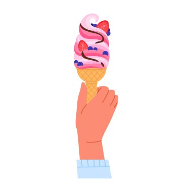 Yumuşak dondurmalı, çilekli ve yaban mersinli waffle külahı tutan bir el.